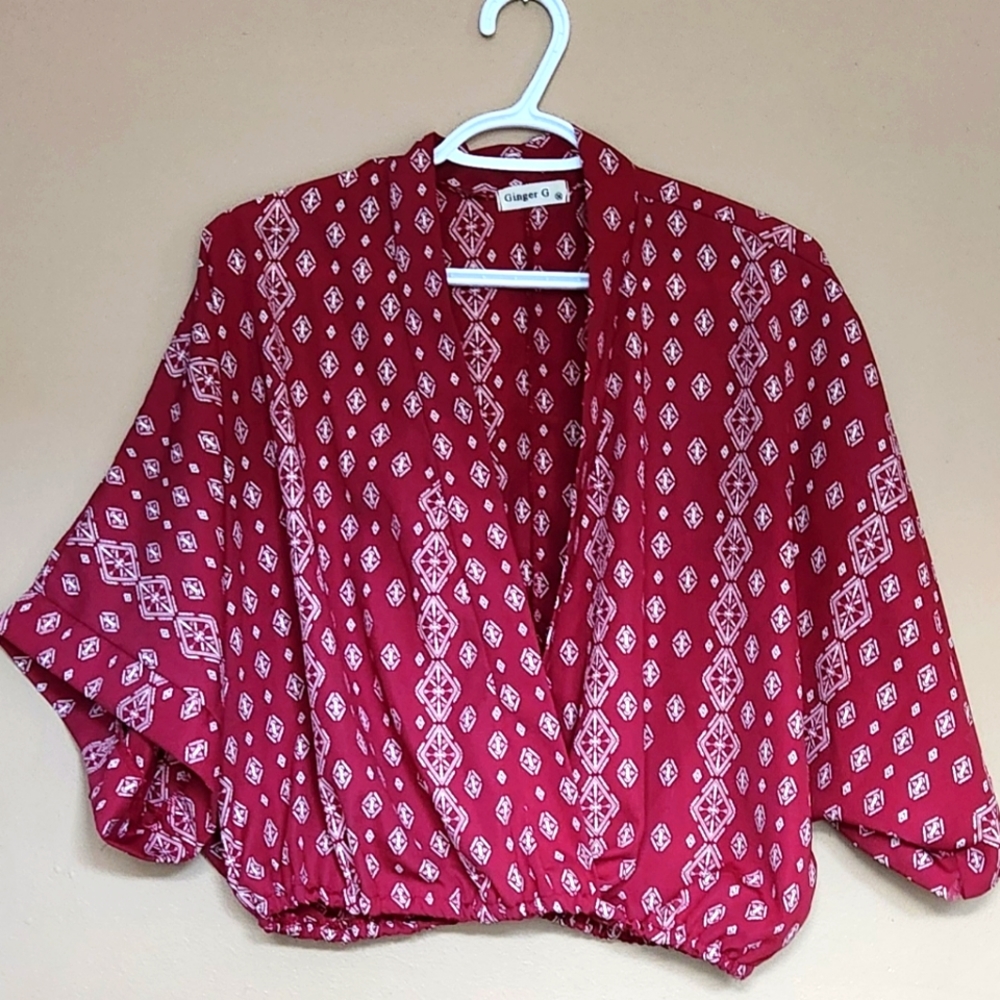GINGER G Short Sleeve Kimono Cropped Top Elastic Waist Dark Red Boho Sz M